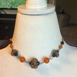 Vintage Art Glass Beaded Choker Necklace – Black & Orange Floral Beads 18”